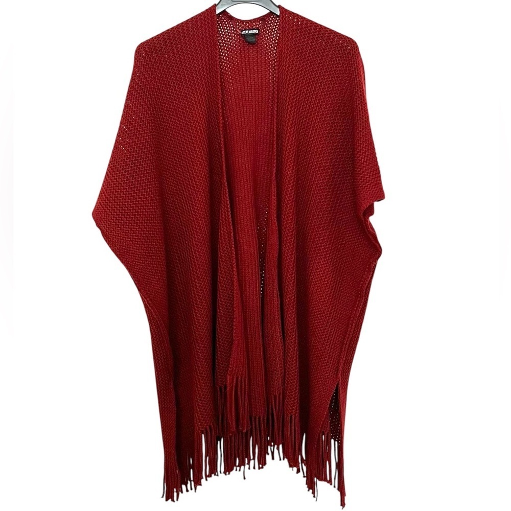 Steve Madden Women Fringed Long Open Front Sweater Vest Burgundy